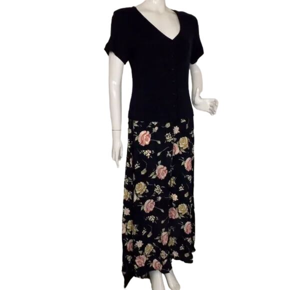 new EXPRESSIONS Dress, L, Vintage, Ribbed Blue Upper/Poly Maxi Skirt, Short slv - Picture 2 of 10